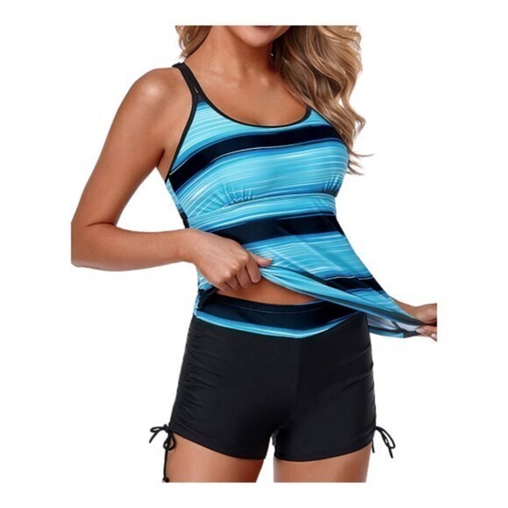 Women's Blue Tankini Top Black Biker Shorts Swimsuits Size Med NWT #1706
